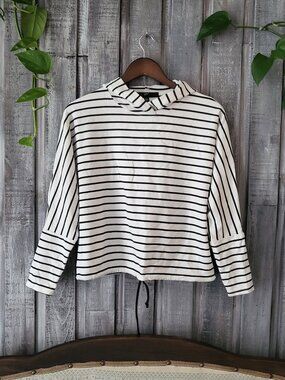 White Black Striped Hooded Pullover Drawstring Hem Batwing Hoodie XL